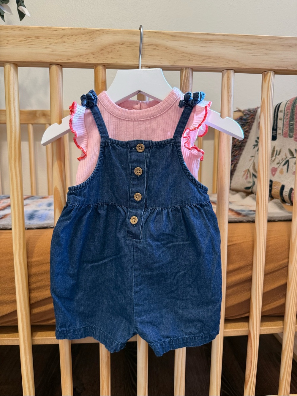 Denim Button-Front Romper with Pink Ruffle Top